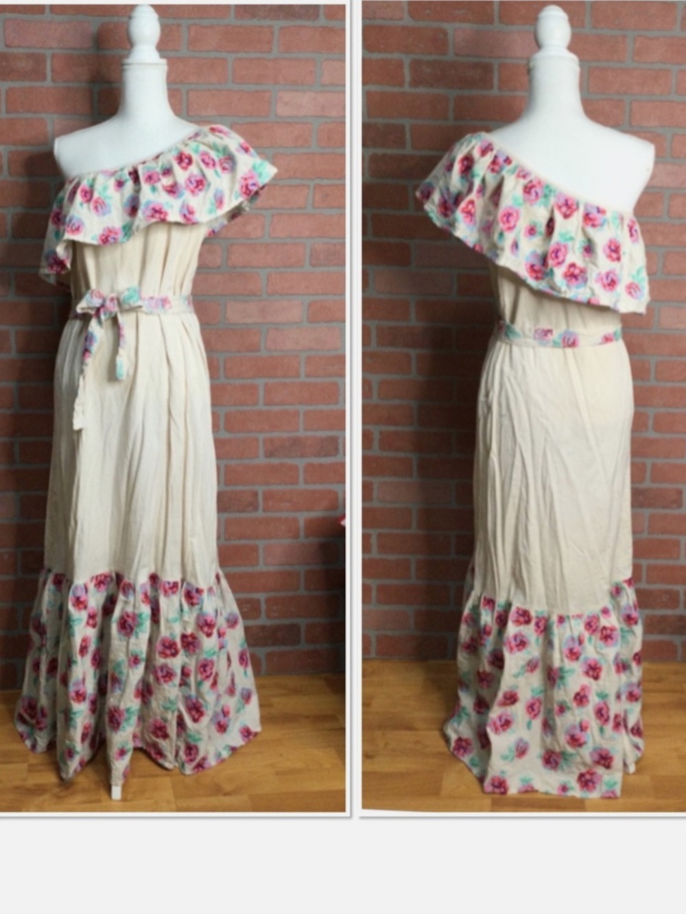 PAMPELONE sz XS One-Shoulder Floral Embroidered ruffle Maxi Dress - Cream & Pink